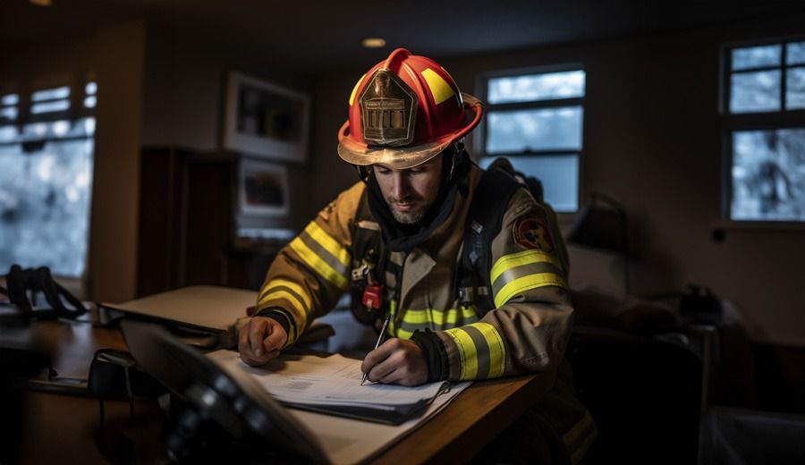 Fire fighter filling out insurance paperwork for ISO scores.