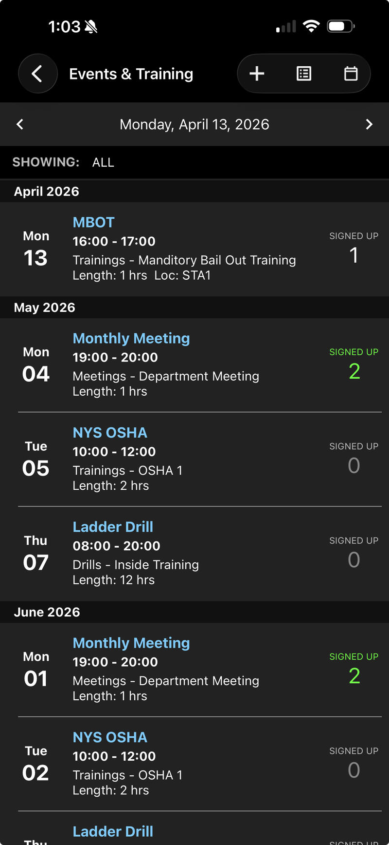 RedAlert Mobile events and training calendar on a phone, listing drills, meetings, and trainings with member sign-up counts