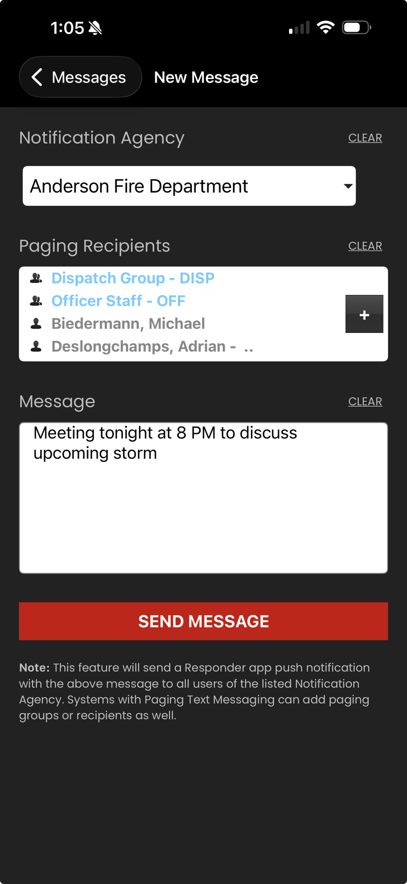 RedAlert Mobile department messaging screen on a phone, composing a paging notification to dispatch and officer groups