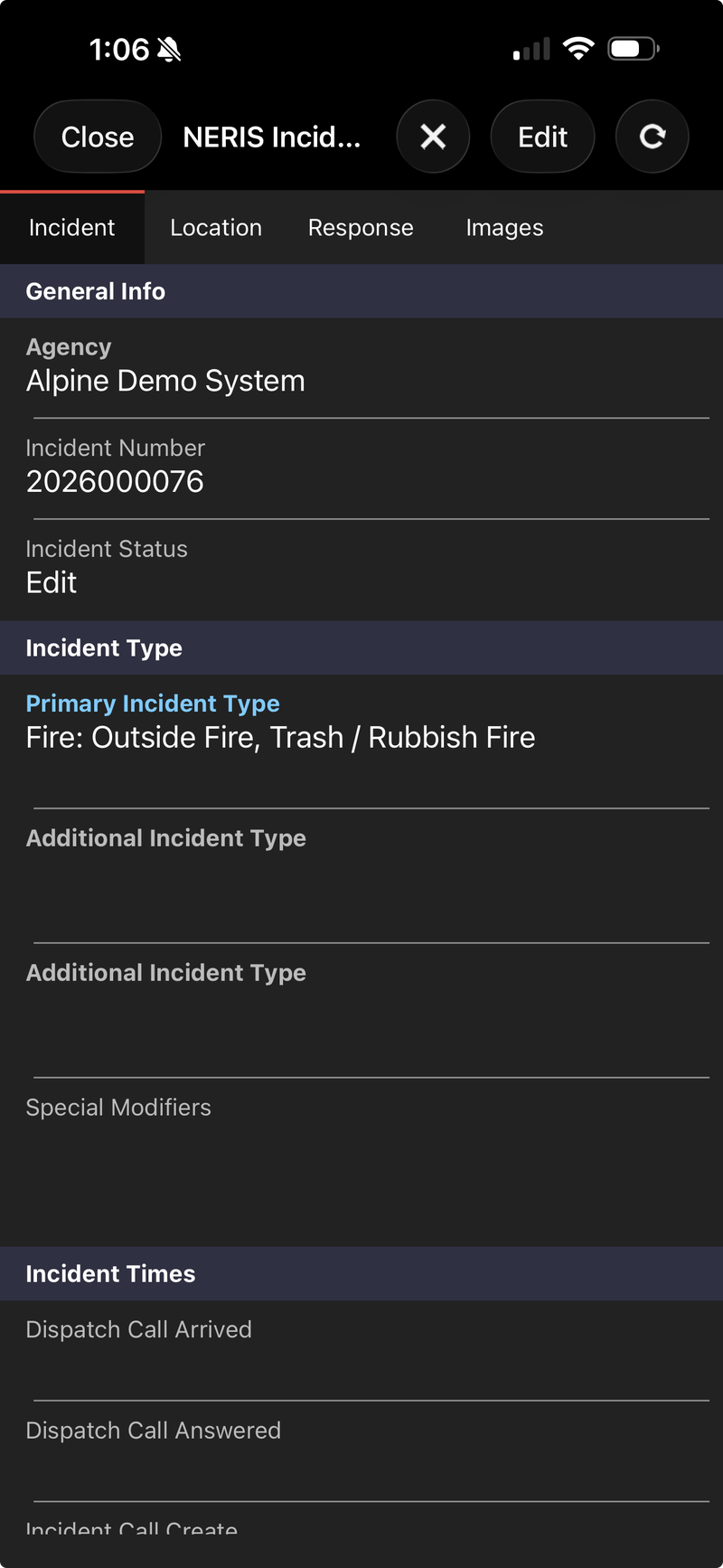 RedAlert Mobile NERIS incident report on a phone, showing incident type, agency, incident number, and incident times