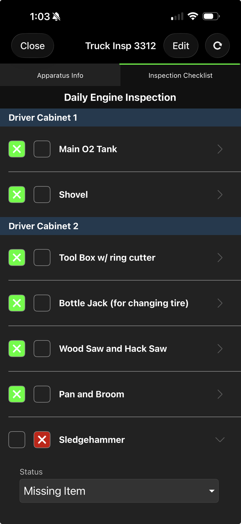 RedAlert Mobile daily engine inspection checklist on a phone, with pass and fail status for apparatus equipment