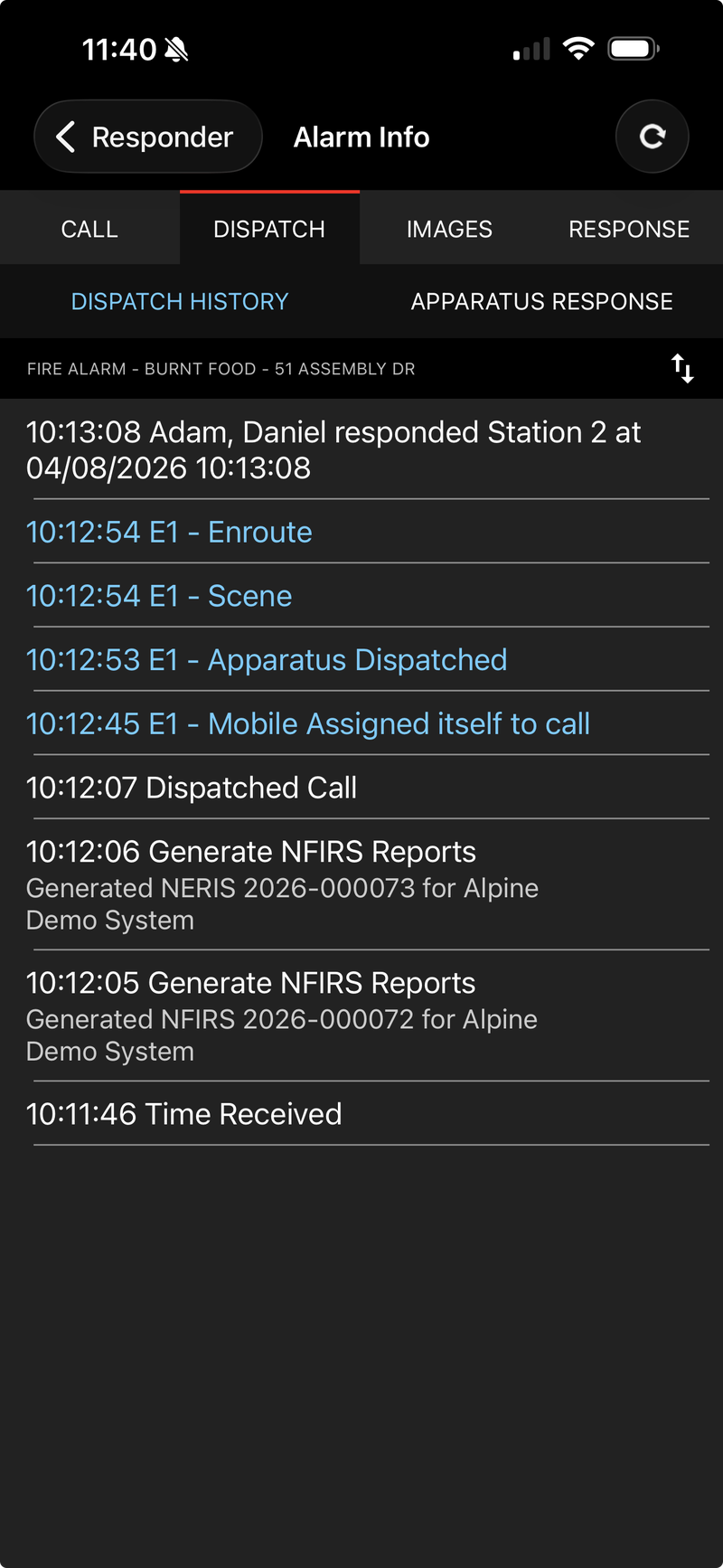 RedAlert Responder app dispatch history on a phone, showing timestamped call and apparatus response events