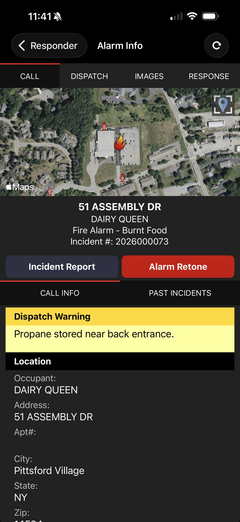 RedAlert Responder app call screen on a phone, showing an aerial map with hydrants, a dispatch warning, and occupancy location details