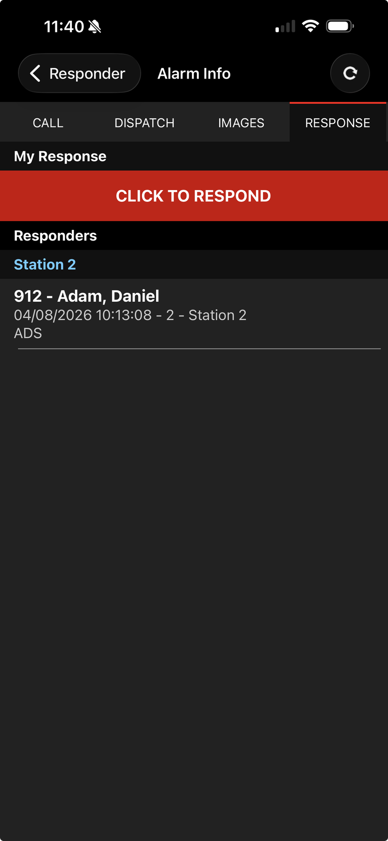 RedAlert Responder app response screen on a phone, with a Click to Respond button and responding members listed by station