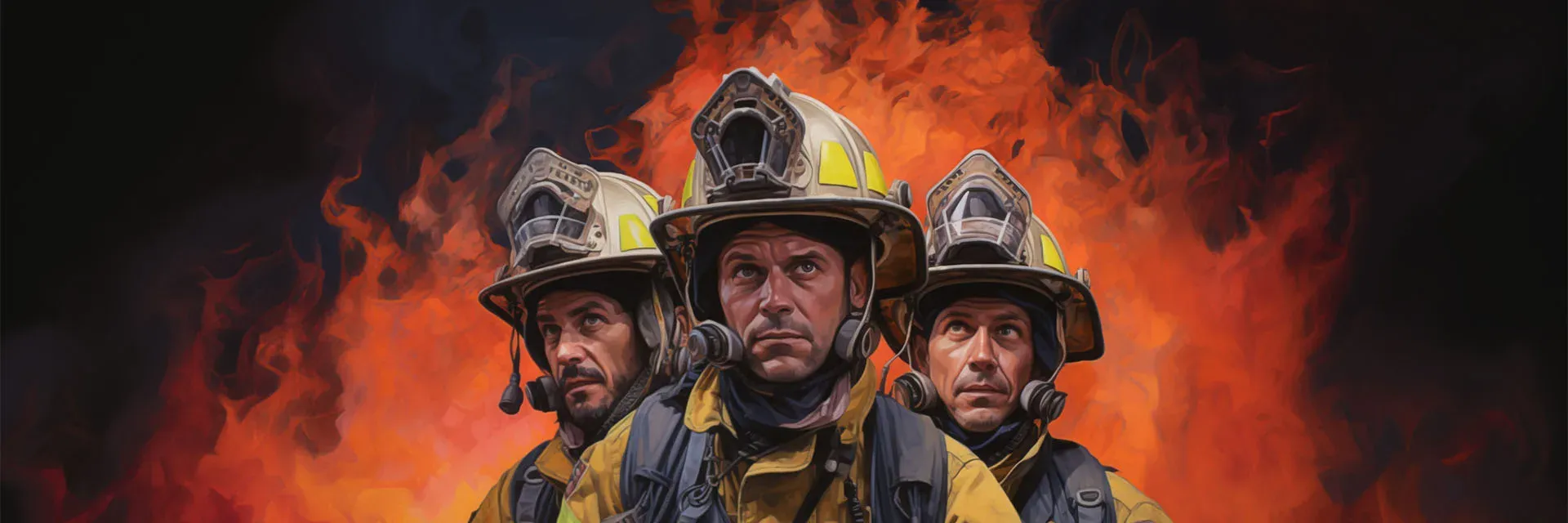 Firefighters in front of flames